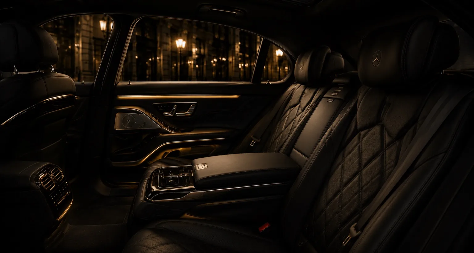 Rear leather interior of a Mercedes-Benz S-Class with gold ambient lighting during a night transfer in Gran Canaria